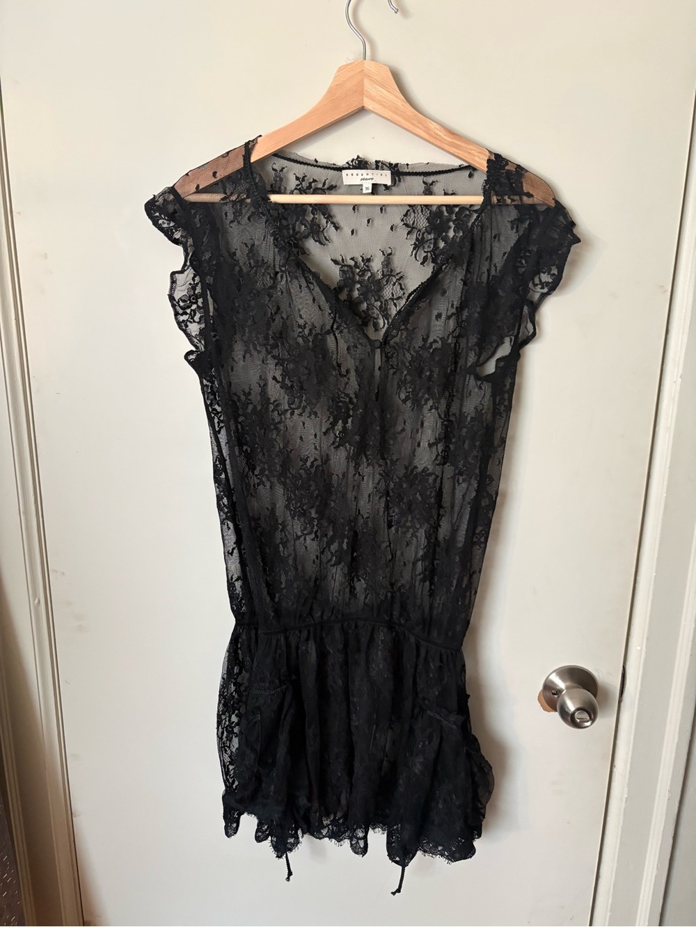 Essentiel Antwerp Black Lace Mini Dress with Ruffle Hem
